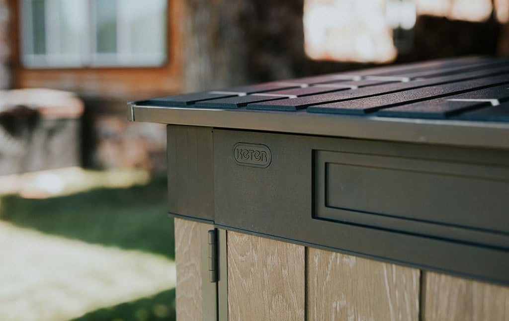 Keter Signature Horizontal Garden Shed Weatherproof 2020L Storage Lockable with Gas Struts Walnut Look 75" x 43" x 52"