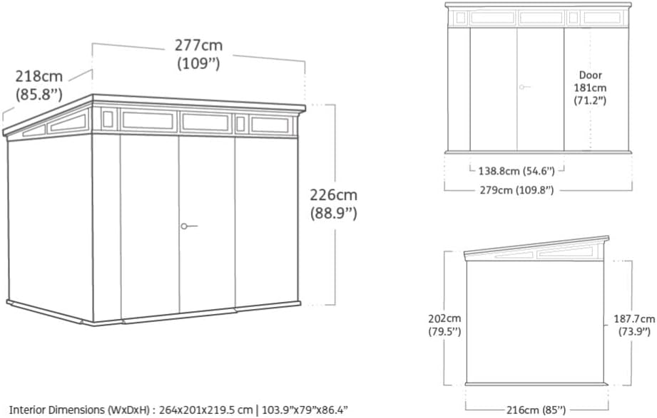 Keter Cortina 9 x 7 Tool Shed with Floor, Weatherproof and UV-Resistant, Double Walled with Steel Frame, Pent Roof and Ventilation, 279 x 218 cm, Grey