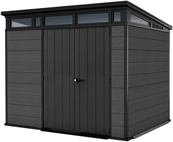 Keter Cortina 9 x 7 Tool Shed with Floor, Weatherproof and UV-Resistant, Double Walled with Steel Frame, Pent Roof and Ventilation, 279 x 218 cm, Grey