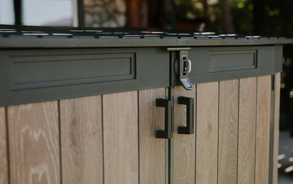 Keter Signature Horizontal Garden Shed Weatherproof 2020L Storage Lockable with Gas Struts Walnut Look 75" x 43" x 52"