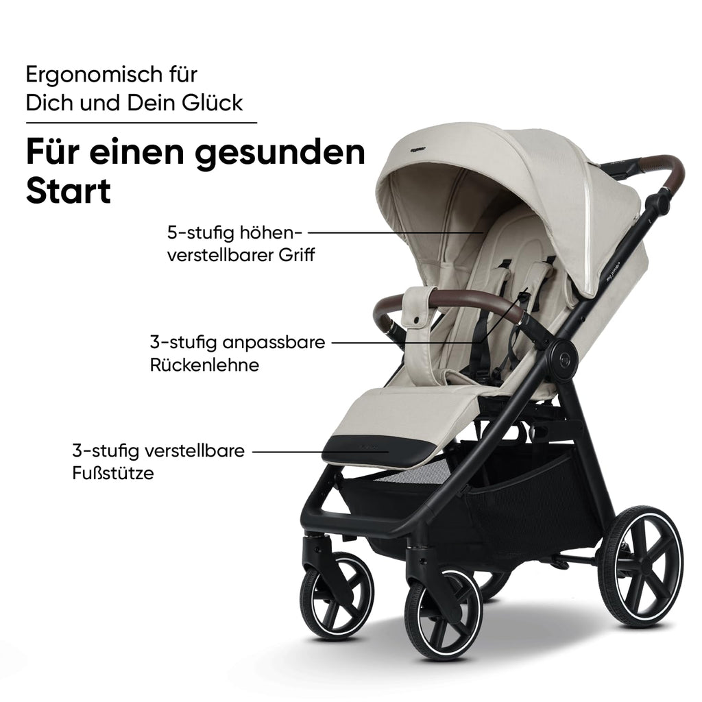 my junior® PLIA² | großer Komfortbuggy mit Luftkammerreifen, Einhand-Faltmechanismus, einstellbare Federung, XXL-Einkaufskorb & -Verdeck, Belüftung, inkl. Getränkehalter + Tragegurt (Desert Bloom)
