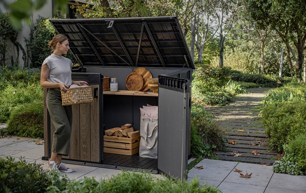 Keter Signature Horizontal Garden Shed Weatherproof 2020L Storage Lockable with Gas Struts Walnut Look 75" x 43" x 52"