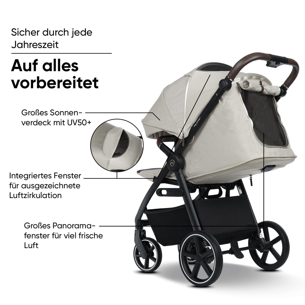 my junior® PLIA² | großer Komfortbuggy mit Luftkammerreifen, Einhand-Faltmechanismus, einstellbare Federung, XXL-Einkaufskorb & -Verdeck, Belüftung, inkl. Getränkehalter + Tragegurt (Desert Bloom)