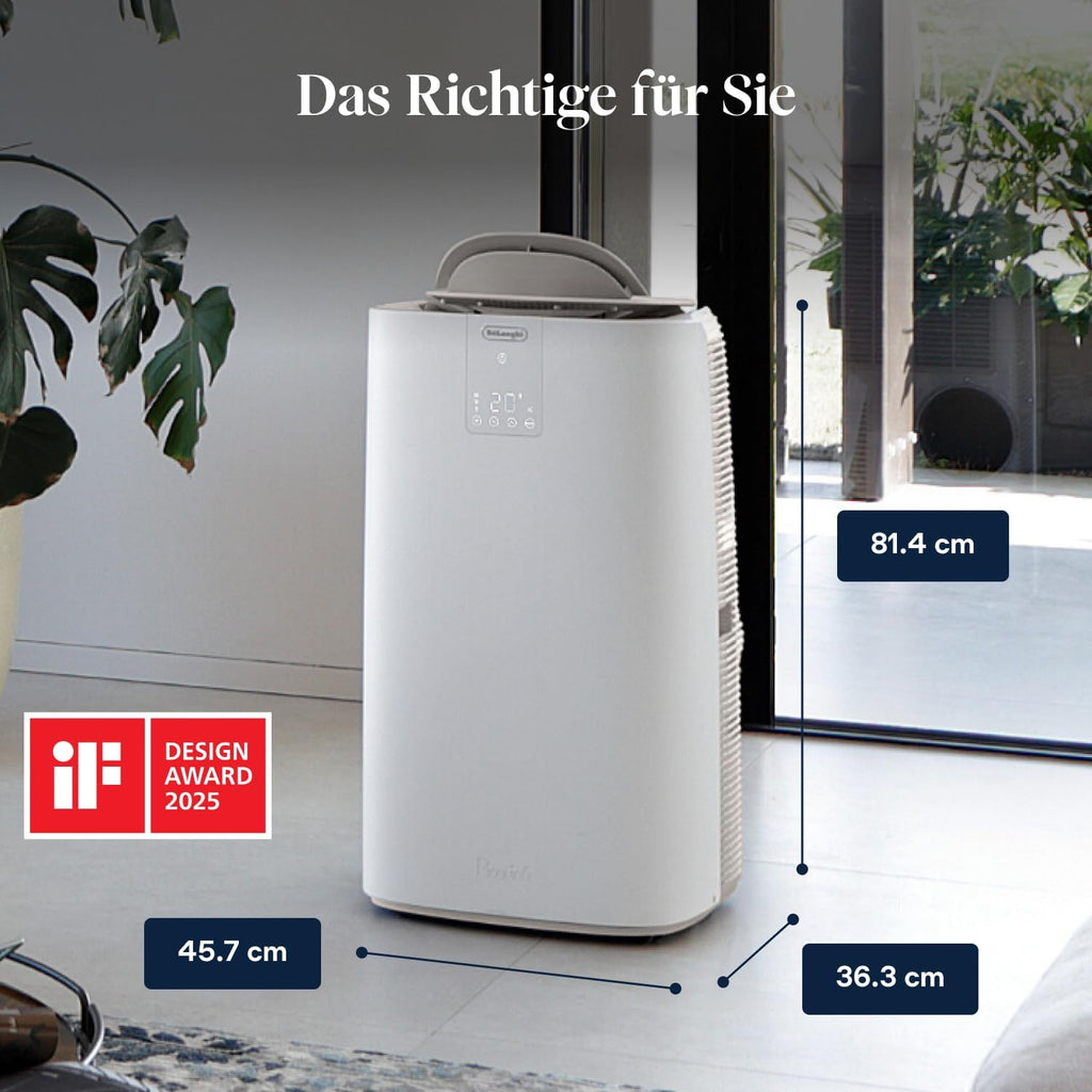 De'Longhi Pinguino GentleJet PAC AP98 mobile Klimaanlage, leise & tragbar, 11.500 BTU/h, für Räume bis zu 100m³, Entfeuchter, R290, A+, 24 H Timer, Fernbedienung, 2.7kW, Klimagerät, Weiß