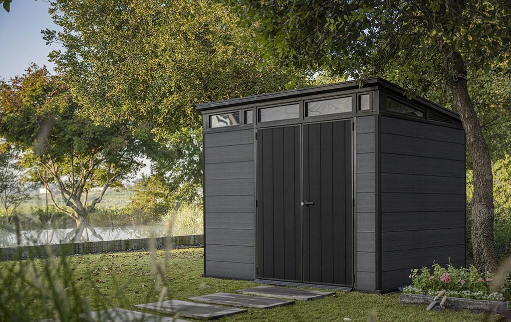 Keter Cortina 9 x 7 Tool Shed with Floor, Weatherproof and UV-Resistant, Double Walled with Steel Frame, Pent Roof and Ventilation, 279 x 218 cm, Grey