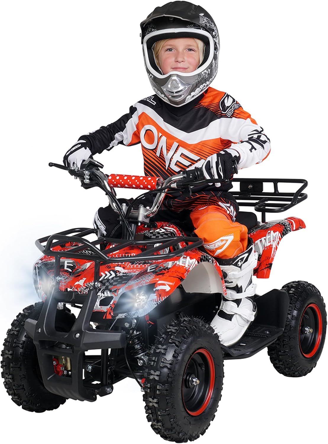 Actionbikes Motors Kinder Quad Elektro ATV Torino | 𝟑𝟔 Volt 𝟭𝟬𝟬𝟬 Watt Motor bis 𝟐𝟒 km/h - Kinderquad - Pocket Quad - Elektroquad - Miniquad - Für Kinder ab 8 Jahren (Schwarz Weiß Rot Polo)