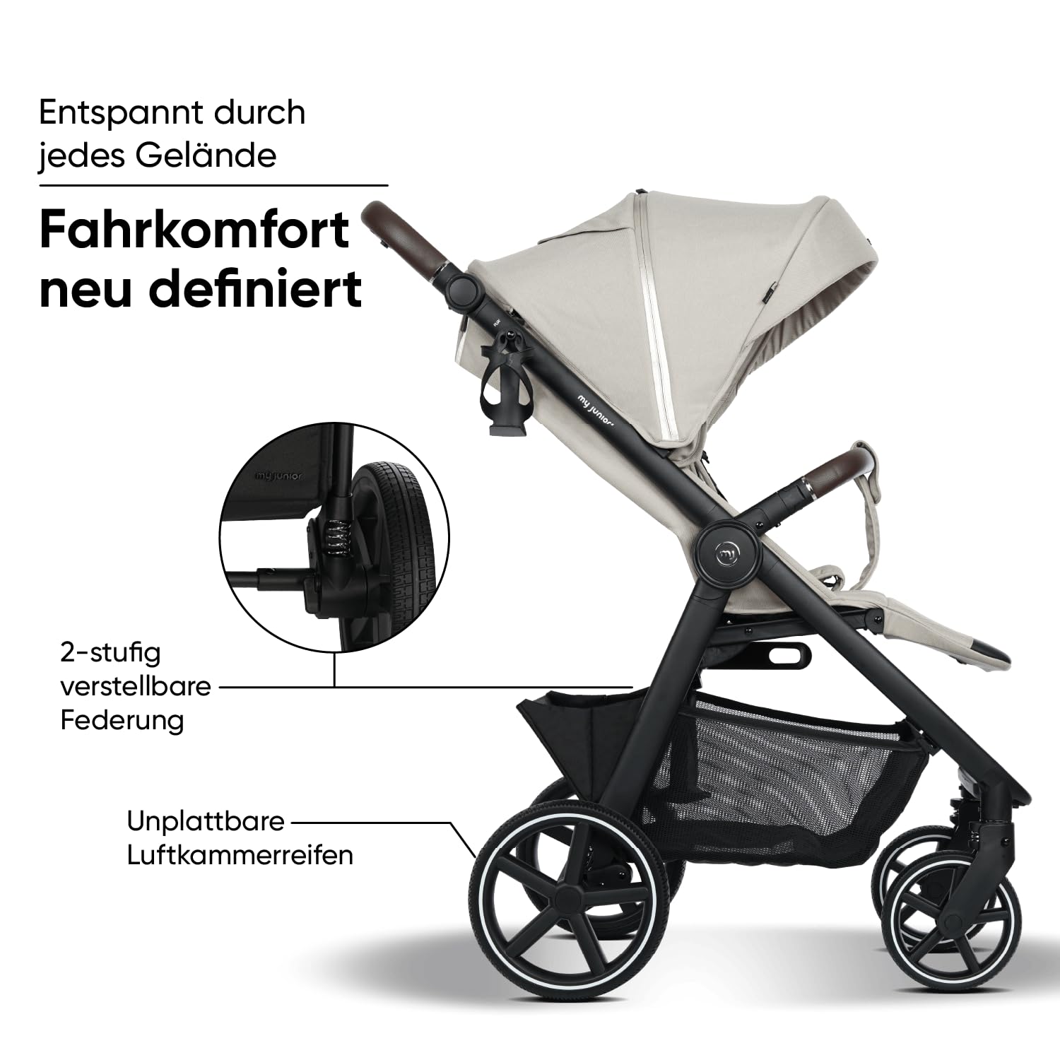 my junior® PLIA² | großer Komfortbuggy mit Luftkammerreifen, Einhand-Faltmechanismus, einstellbare Federung, XXL-Einkaufskorb & -Verdeck, Belüftung, inkl. Getränkehalter + Tragegurt (Desert Bloom)