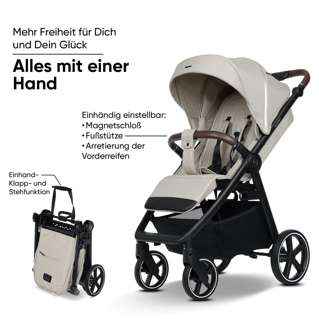 my junior® PLIA² | großer Komfortbuggy mit Luftkammerreifen, Einhand-Faltmechanismus, einstellbare Federung, XXL-Einkaufskorb & -Verdeck, Belüftung, inkl. Getränkehalter + Tragegurt (Desert Bloom)