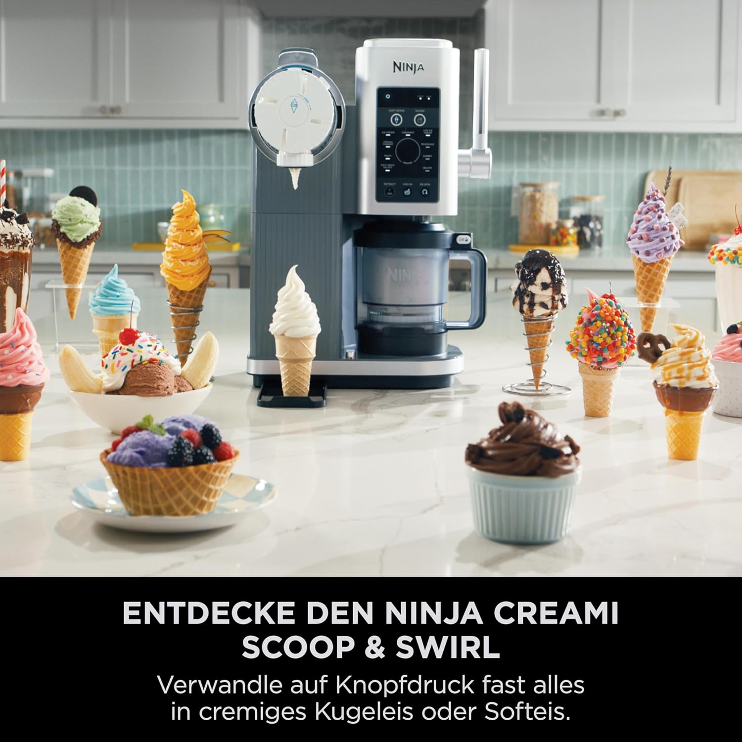 Ninja CREAMi Scoop & Swirl Eismaschine mit 2 Behältern Platinsilber NC701EU | 13 Funktionen, für Eiscreme, Softeis, Gelato, Sorbet, Milchshakes und mehr, mit Mix-In-Funktion, Platinsilber
