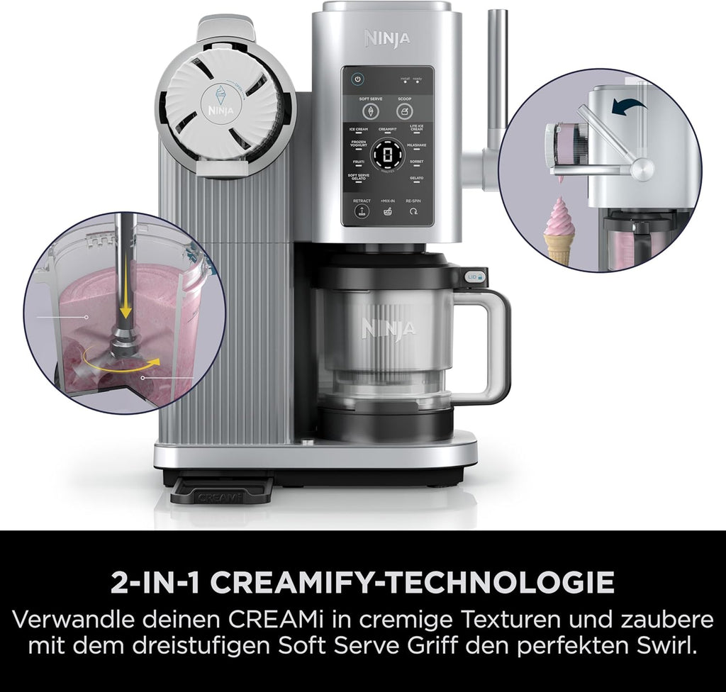 Ninja CREAMi Scoop & Swirl Eismaschine mit 2 Behältern Platinsilber NC701EU | 13 Funktionen, für Eiscreme, Softeis, Gelato, Sorbet, Milchshakes und mehr, mit Mix-In-Funktion, Platinsilber