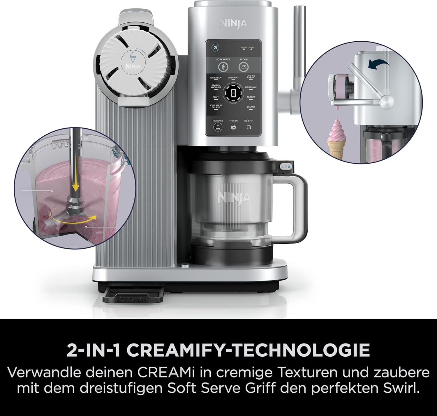 Ninja CREAMi Scoop & Swirl Eismaschine mit 2 Behältern Platinsilber NC701EU | 13 Funktionen, für Eiscreme, Softeis, Gelato, Sorbet, Milchshakes und mehr, mit Mix-In-Funktion, Platinsilber