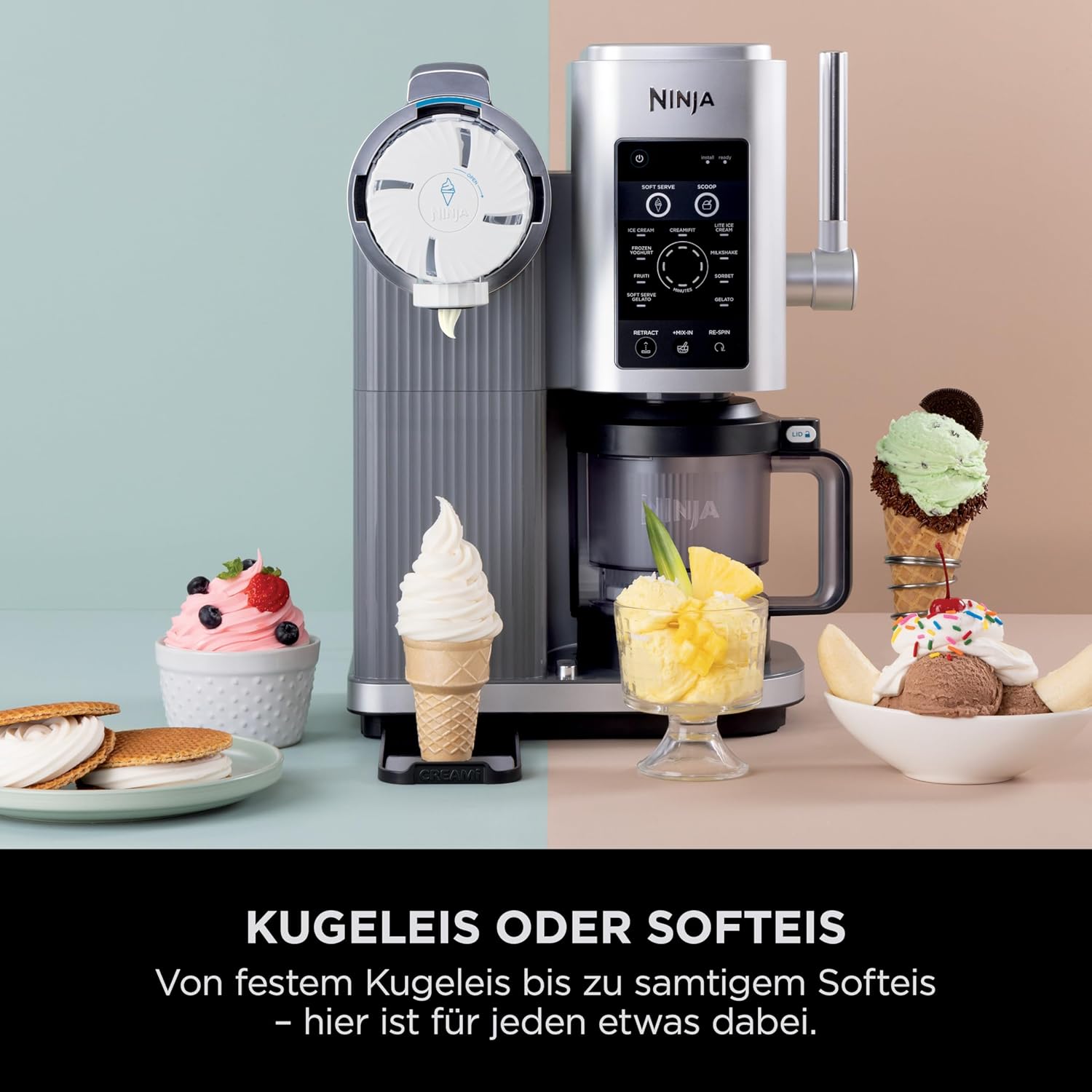 Ninja CREAMi Scoop & Swirl Eismaschine mit 2 Behältern Platinsilber NC701EU | 13 Funktionen, für Eiscreme, Softeis, Gelato, Sorbet, Milchshakes und mehr, mit Mix-In-Funktion, Platinsilber