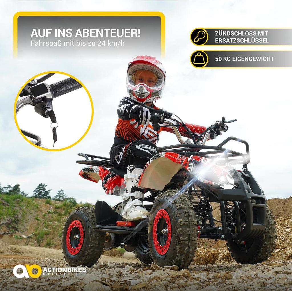Actionbikes Motors Kinder Quad Elektro ATV Torino | 𝟑𝟔 Volt 𝟭𝟬𝟬𝟬 Watt Motor bis 𝟐𝟒 km/h - Kinderquad - Pocket Quad - Elektroquad - Miniquad - Für Kinder ab 8 Jahren (Schwarz Weiß Rot Polo)