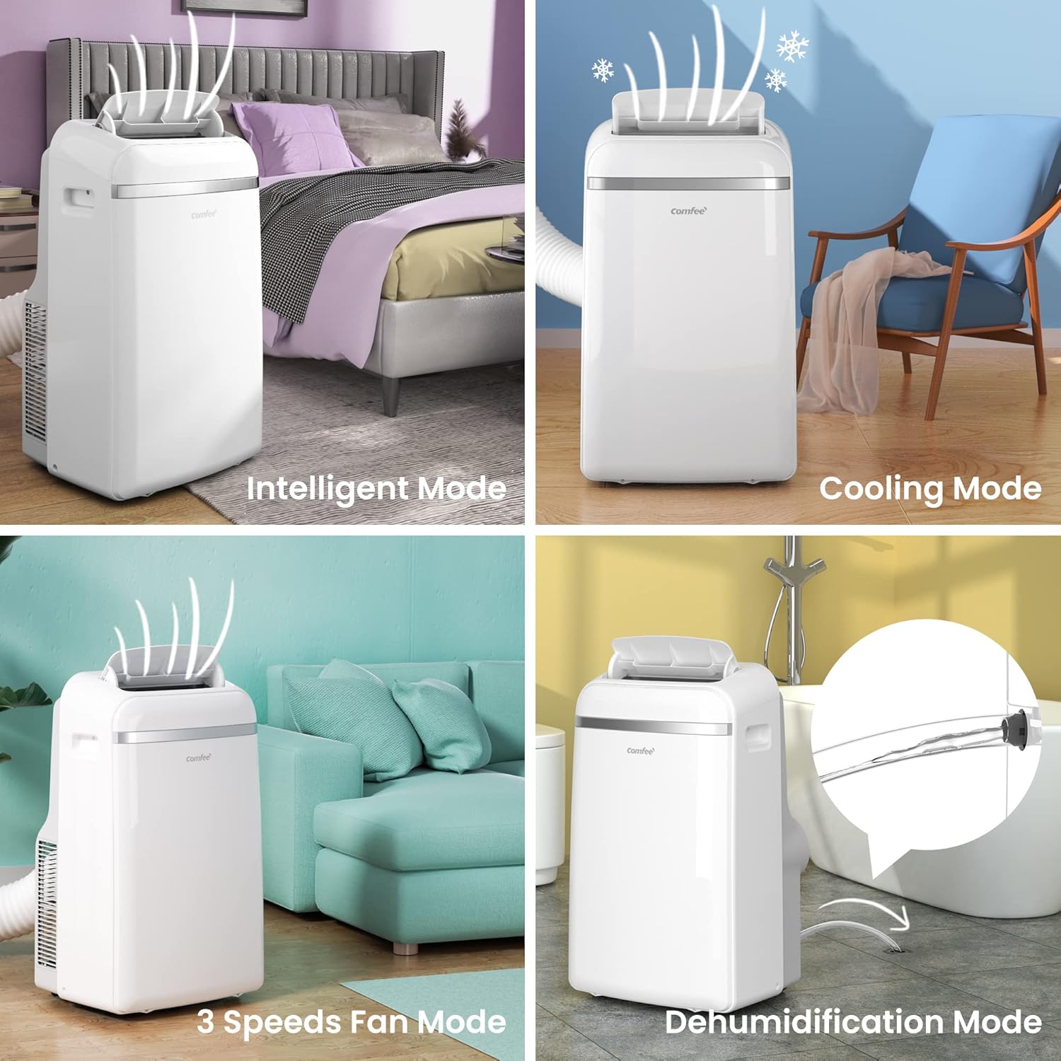 Comfee Mobiles Klimagerät Eco Friendly Pro, 10000 BTU 2,9kW, Kühlen&Ventilieren&Entfeuchten, Raumgröße bis 98m³(36㎡), Mobile Klimaanlage mit Abluftschlauch