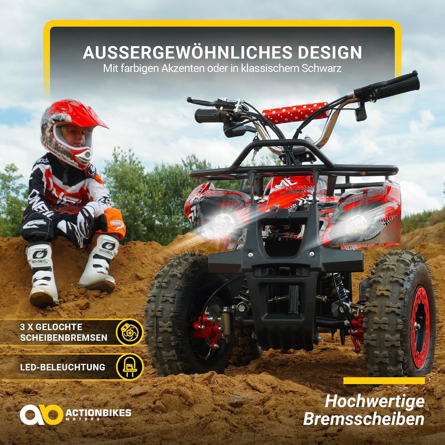 Actionbikes Motors Kinder Quad Elektro ATV Torino | 𝟑𝟔 Volt 𝟭𝟬𝟬𝟬 Watt Motor bis 𝟐𝟒 km/h - Kinderquad - Pocket Quad - Elektroquad - Miniquad - Für Kinder ab 8 Jahren (Schwarz Weiß Rot Polo)