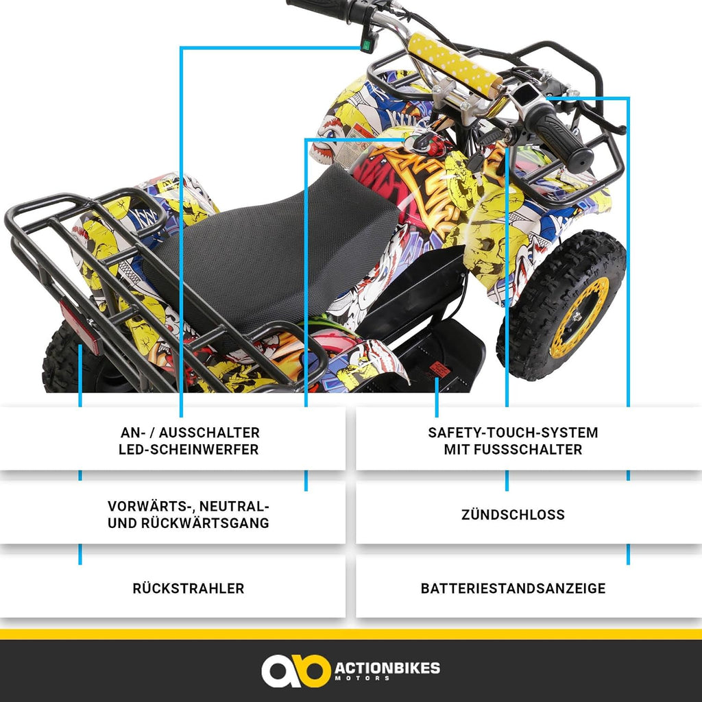 Actionbikes Motors Kinder Quad Elektro ATV Torino | 𝟑𝟔 Volt 𝟭𝟬𝟬𝟬 Watt Motor bis 𝟐𝟒 km/h - Kinderquad - Pocket Quad - Elektroquad - Miniquad - Für Kinder ab 8 Jahren (Schwarz Weiß Rot Polo)