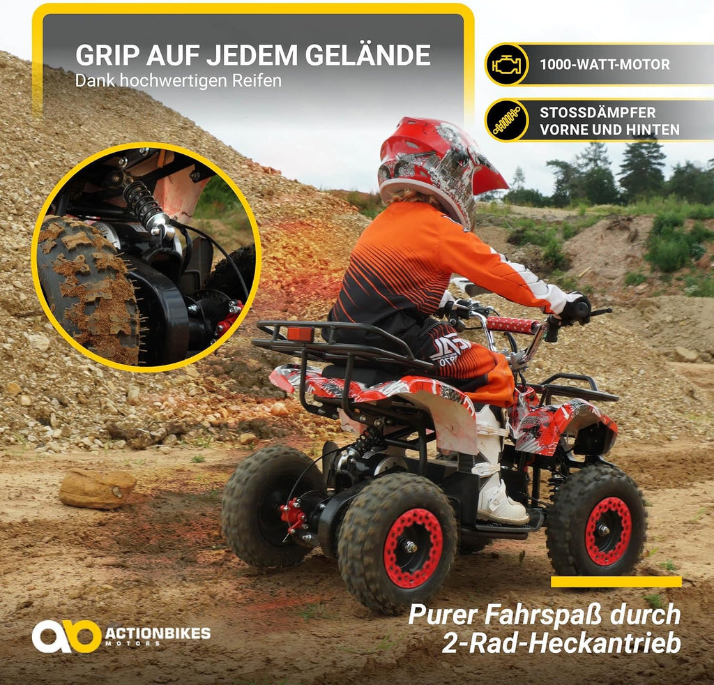 Actionbikes Motors Kinder Quad Elektro ATV Torino | 𝟑𝟔 Volt 𝟭𝟬𝟬𝟬 Watt Motor bis 𝟐𝟒 km/h - Kinderquad - Pocket Quad - Elektroquad - Miniquad - Für Kinder ab 8 Jahren (Schwarz Weiß Rot Polo)