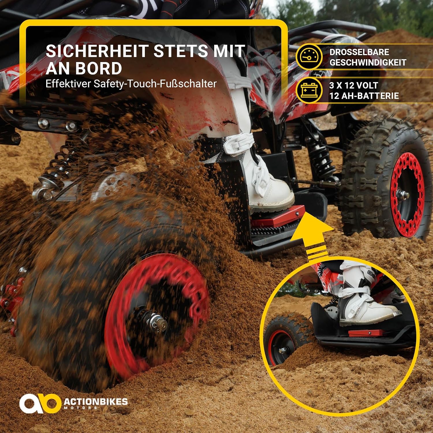 Actionbikes Motors Kinder Quad Elektro ATV Torino | 𝟑𝟔 Volt 𝟭𝟬𝟬𝟬 Watt Motor bis 𝟐𝟒 km/h - Kinderquad - Pocket Quad - Elektroquad - Miniquad - Für Kinder ab 8 Jahren (Schwarz Weiß Rot Polo)